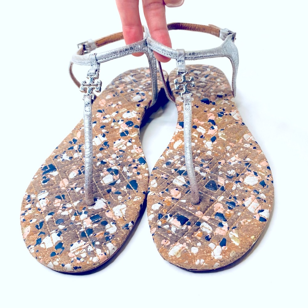 Tory Burch Marion Confetti quilted silver t strap thong sandals silver 7